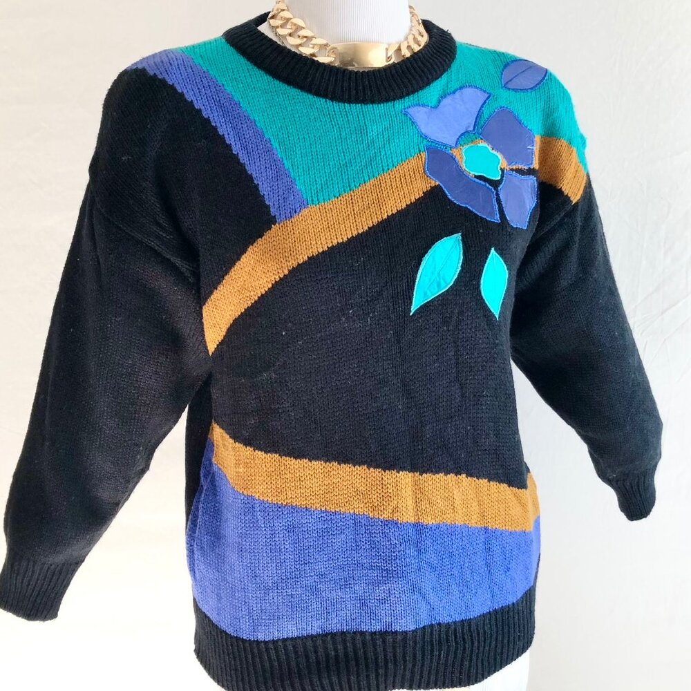 Vintage 90s Black Abstract Color Block Sweater